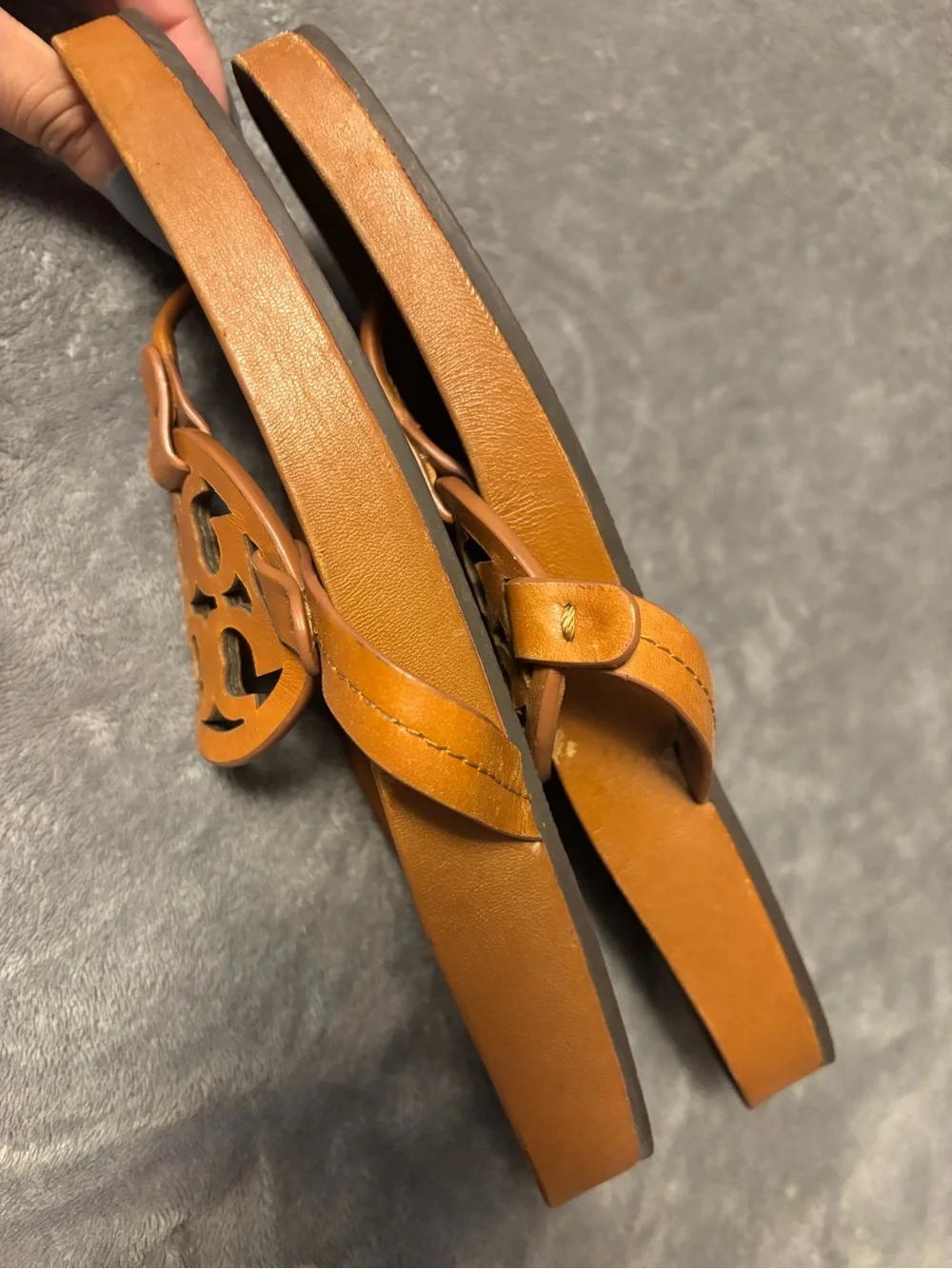 Tory Burch Cognac Leather Logo Thong Sandals